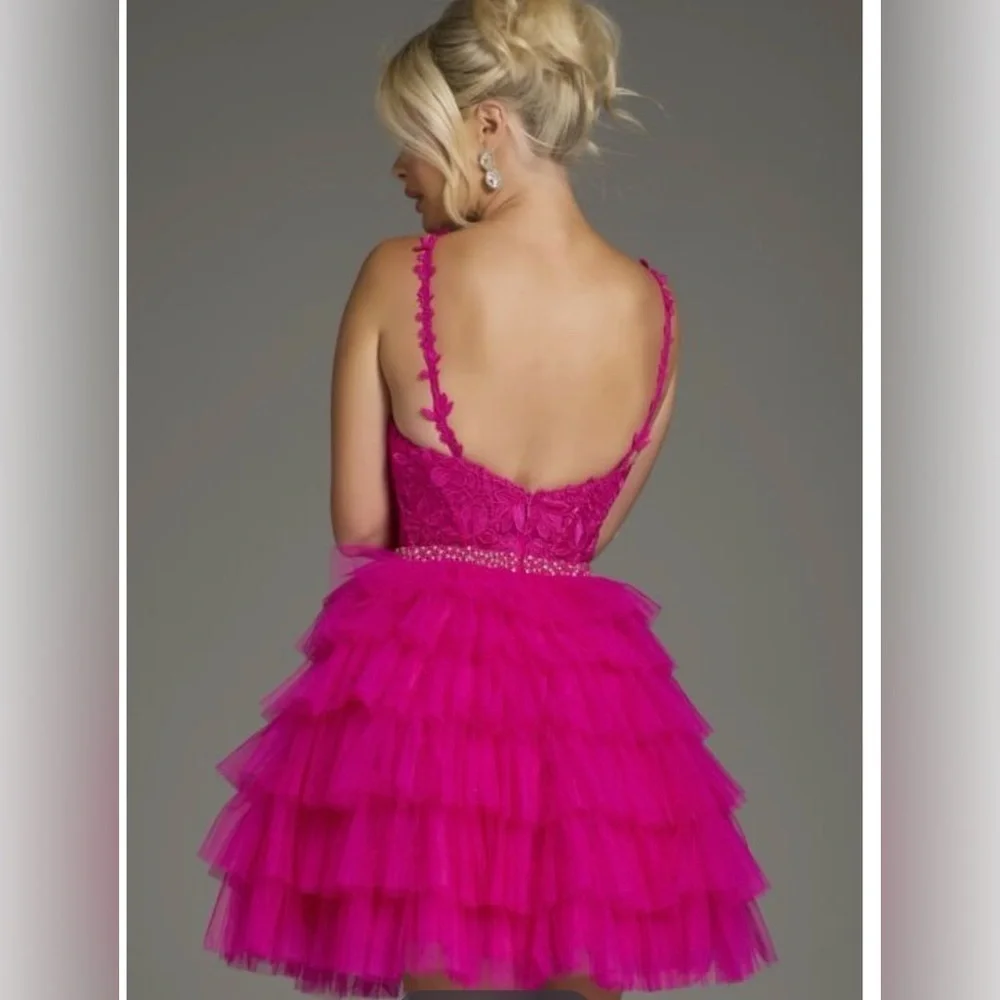 Jovani Fuchsia Lace Tiered Kids Dress